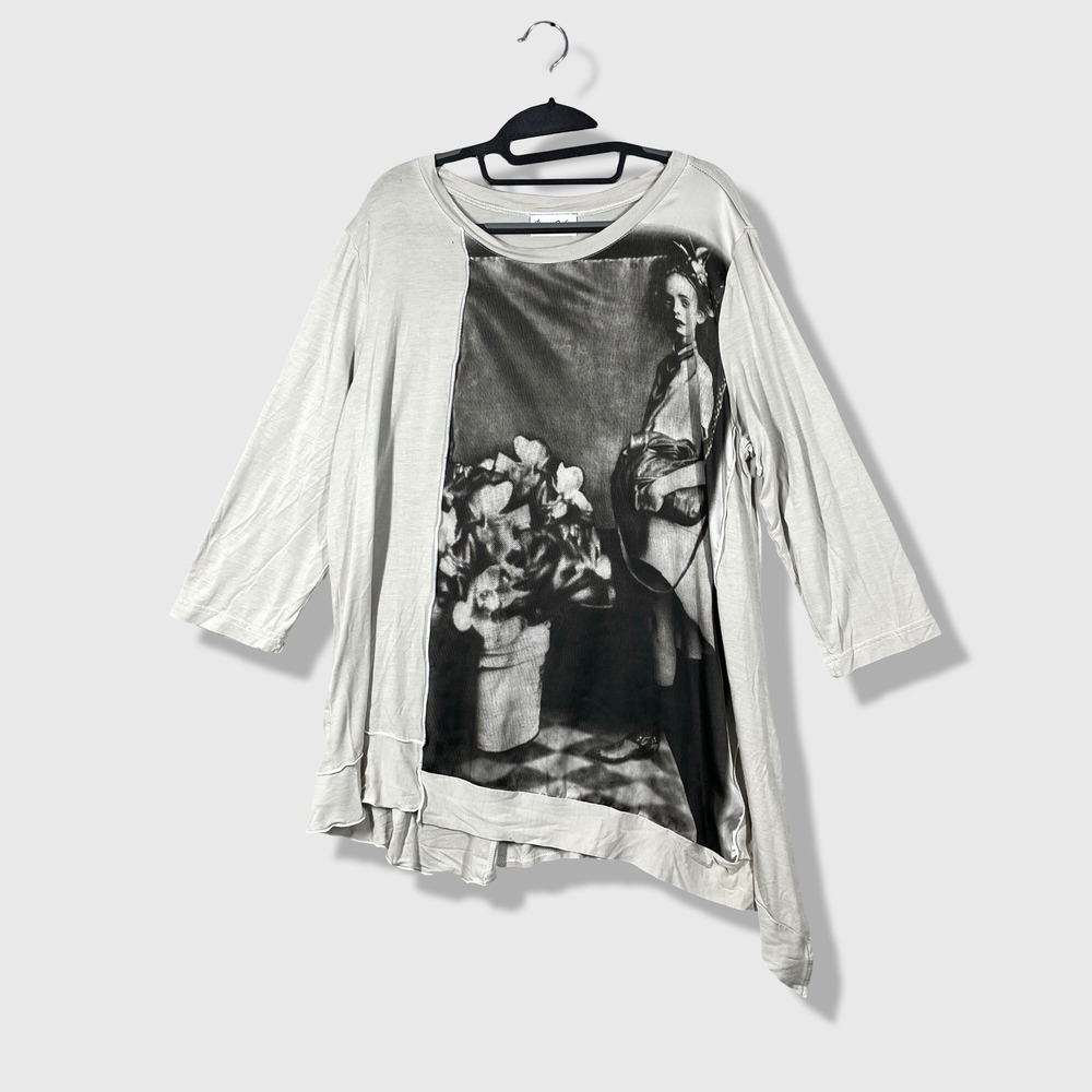 Paco Soler Asymmetrical Graphic Top Womens XL Gray Avant Garde Lagenlook Artsy